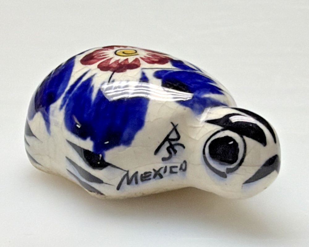 Vtg Mexican Tonala Pottery Mini Turtle Hand Painted Glazed Floral Signed As Is